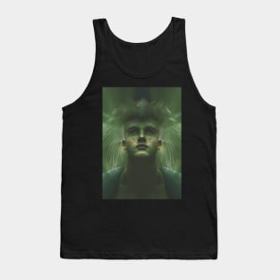 Portrait, digital collage, special processing. Dark, strong. Guy face looking up high. Fantasy. Green, energy flows. Tank Top